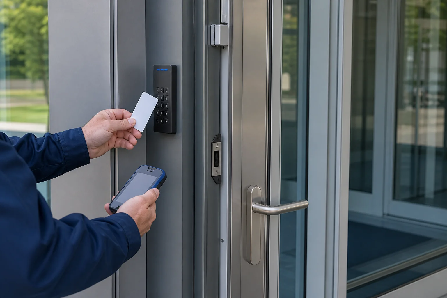 Technician commissioning an access-control credential reader at a facility entrance