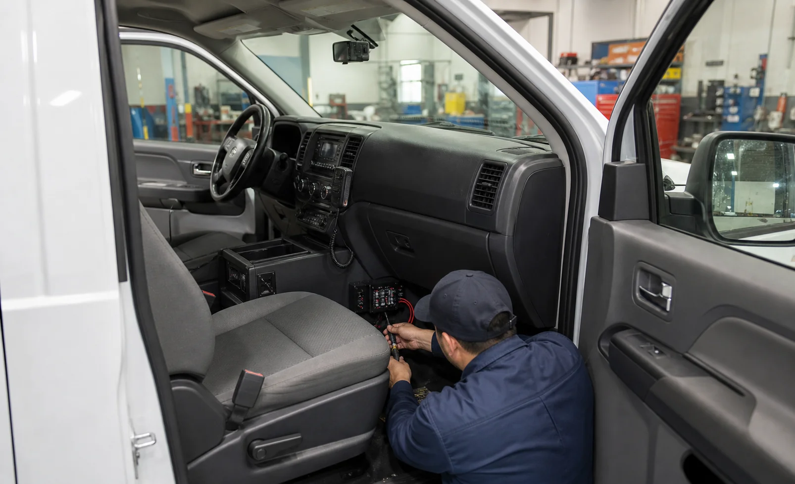 Technician installing routine radio, dash-camera, control, and fused power equipment in a standard fleet vehicle
