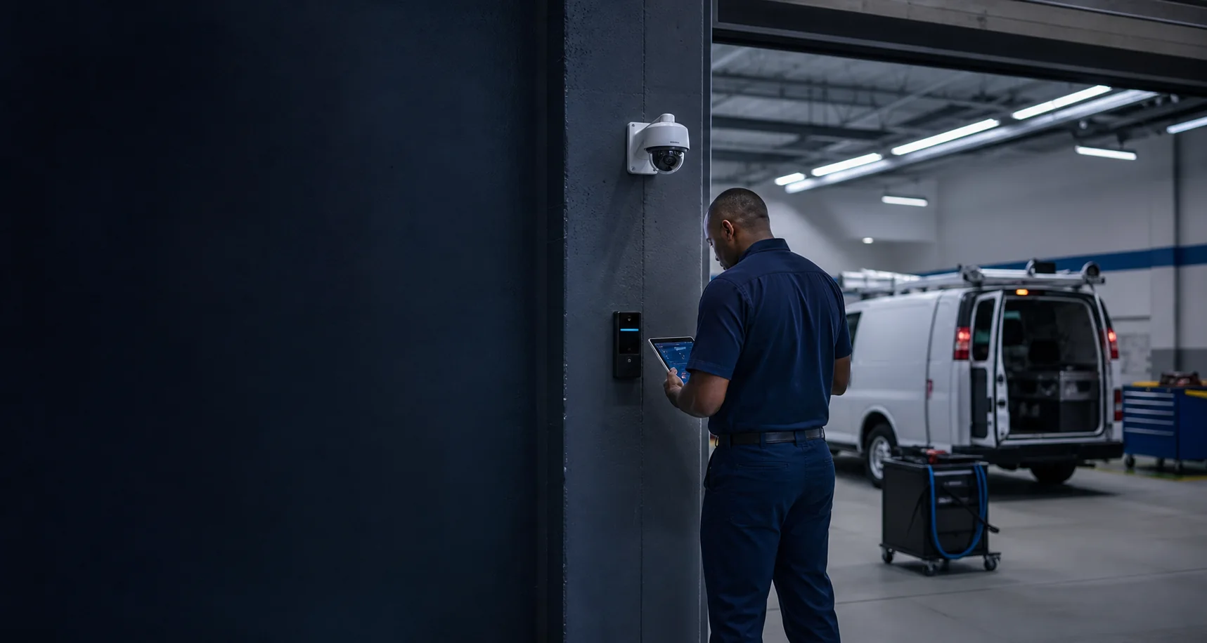 Security systems technician commissioning access control and video surveillance equipment