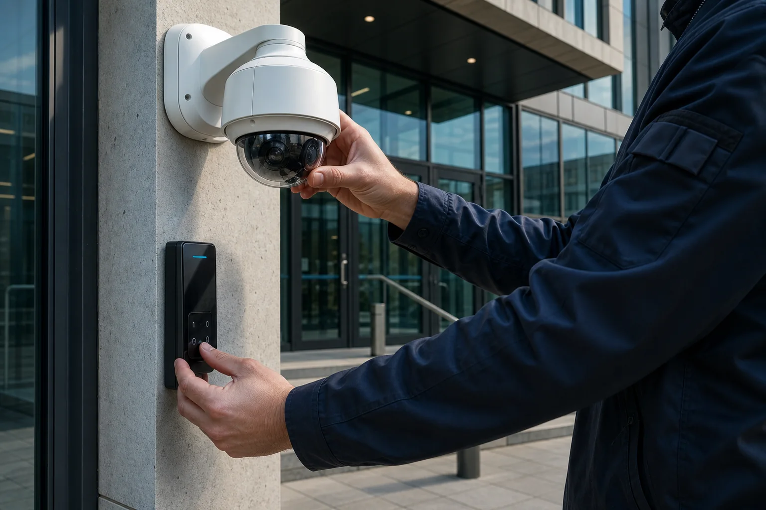 Technician commissioning video surveillance and access control at a facility entrance